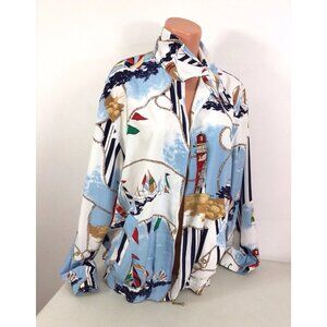 Nautical Satin Bomber Jacket Sailboat Print Womens 16